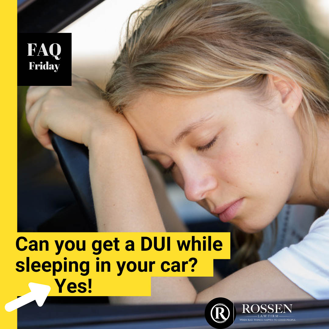 woman sleeping in her car with her head and hands on steering wheel. Text reads 