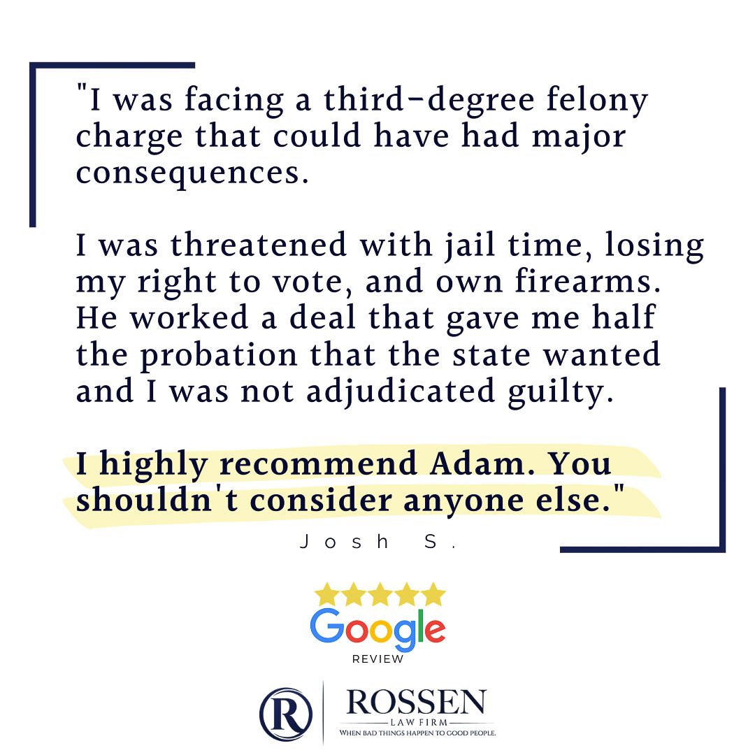 A review graphic explains that a man was facing a third degree felony, and Criminal Defense Attorney Adam Rossen got him an amazing result on his south Florida criminal case - the man was not sent to jail and was not adjudicated guilty 